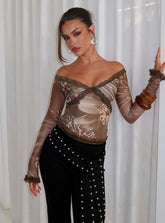 Katlyne Long Sleeve Lace Trim Top Brown Floral