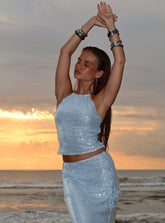 Emalia Halter Sheer Sequin Top Blue