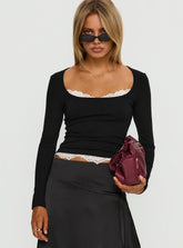 Falling Through Lace Detail Long Sleeve Top Black
