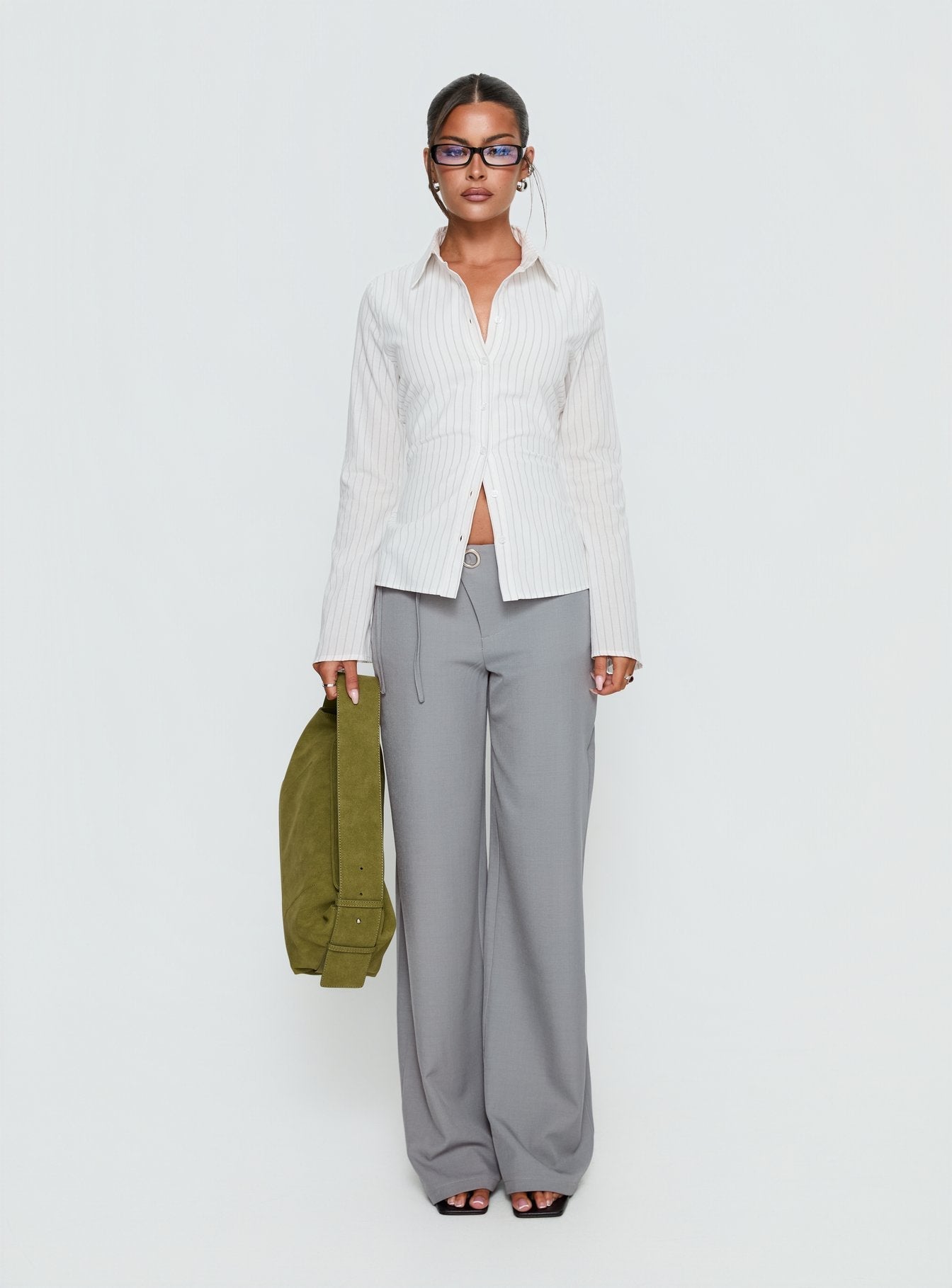 Eryx Tie Back Button Up Top White Pinstripe