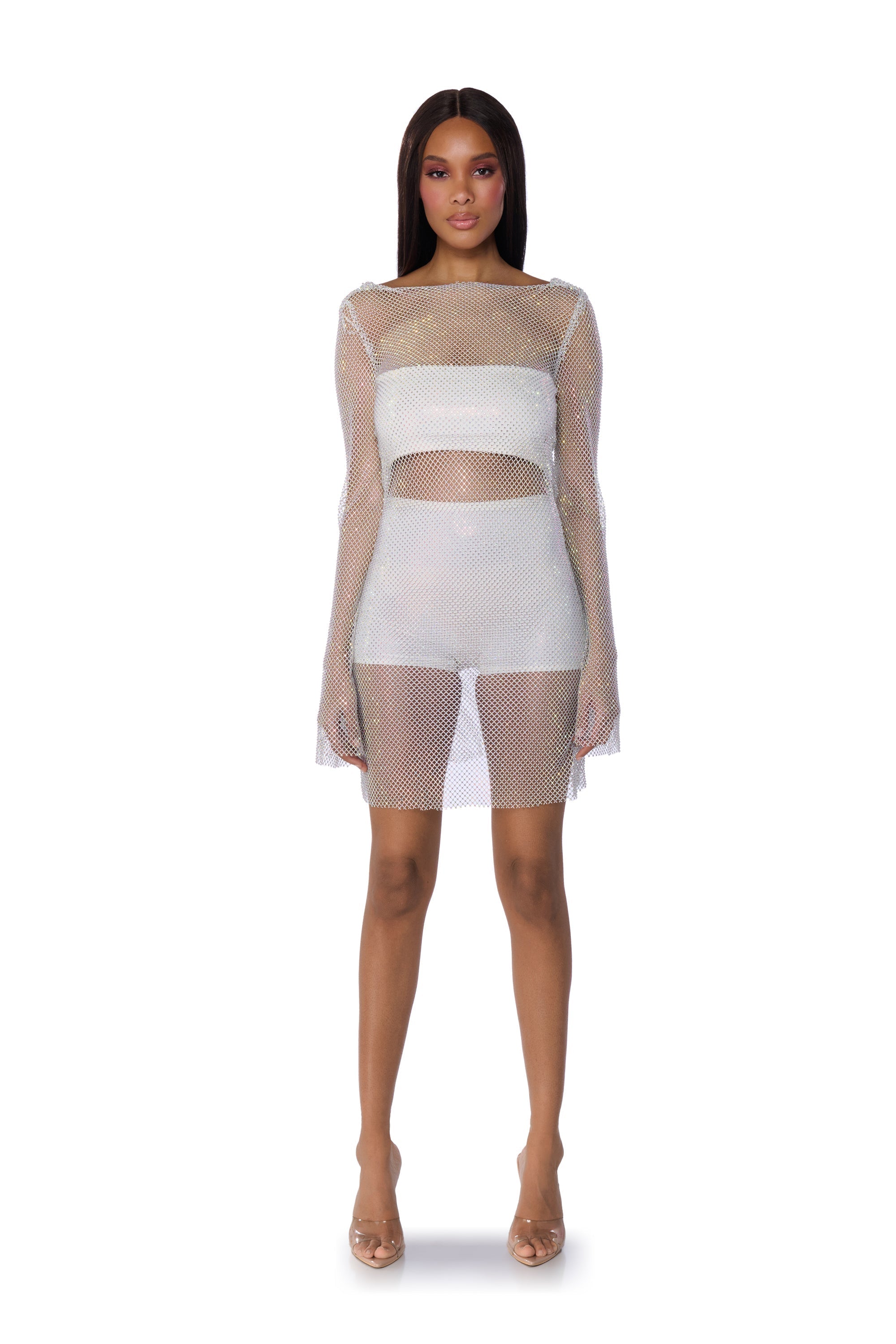 SHES ALL THAT RHINESTONE MESH MINI DRESS IN WHITE