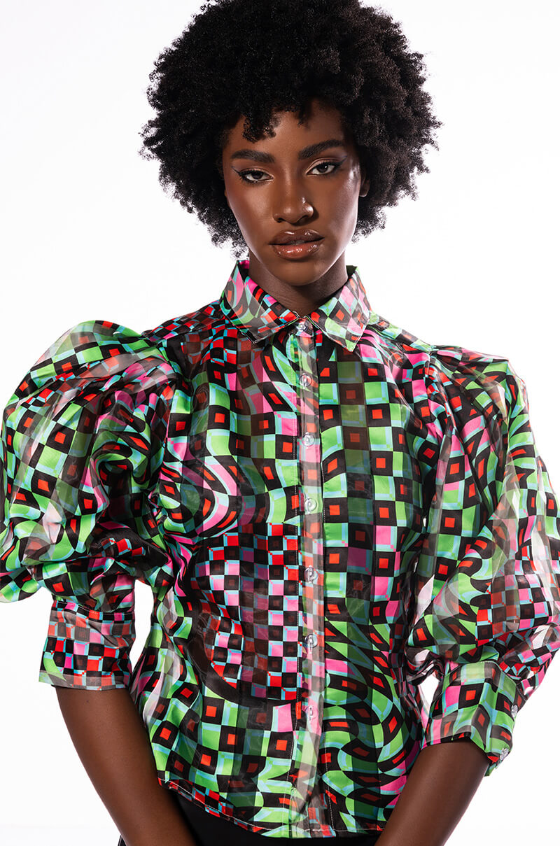 THAT GIRL IS POISON ORGANZA BUTTON DOWN BLOUSE